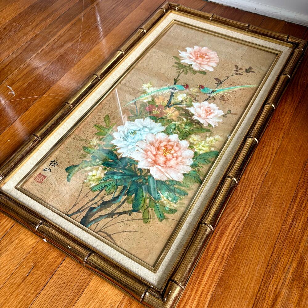 Vintage Asian Rice Paper Floral Bird Wall Art Bamboo Frame Signed